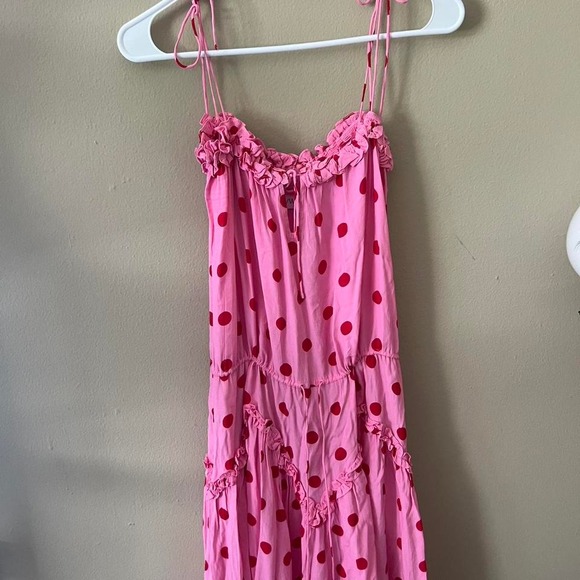 Anthropologie Dresses & Skirts - S/W/F Pink Dress Red Polka Dot Ruffle Trimmed Sleeveless Maxi Dress